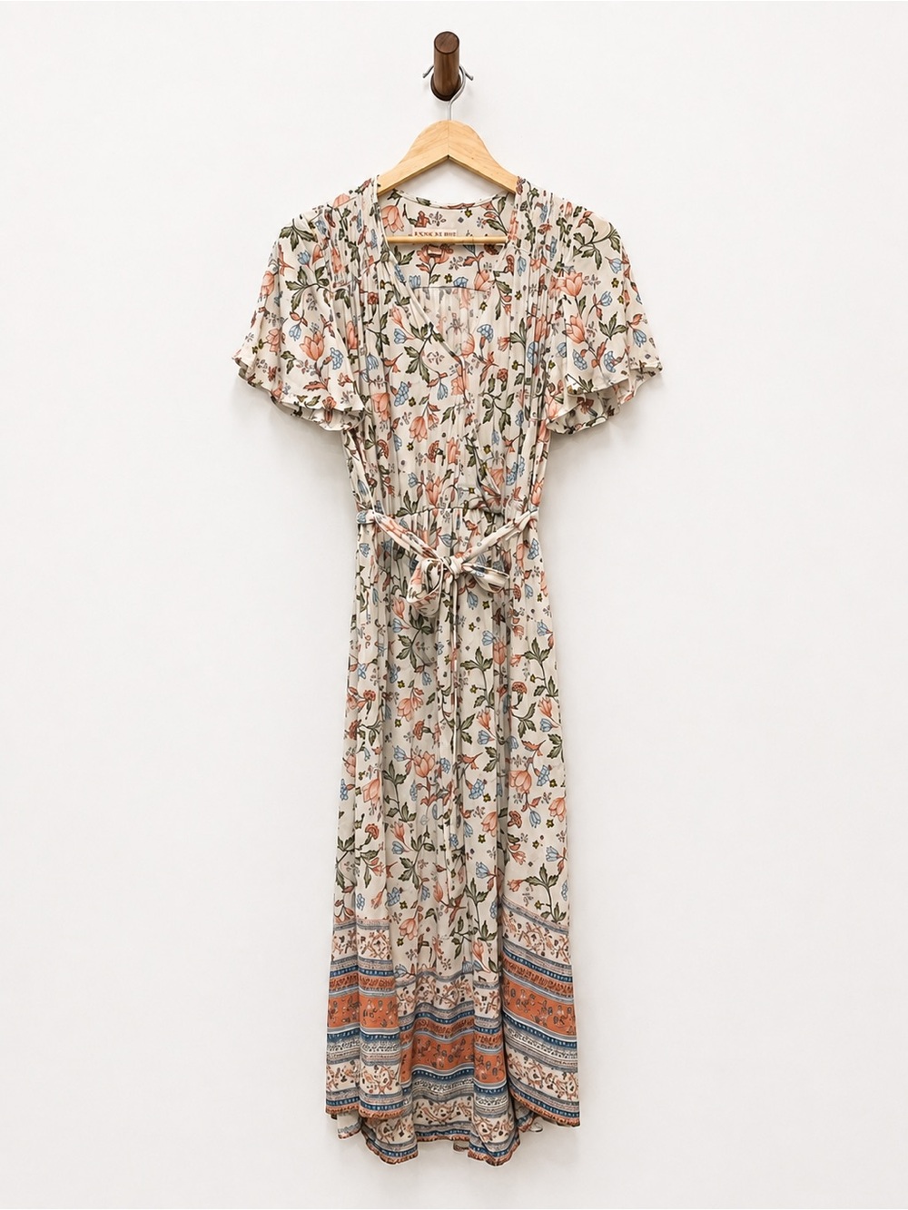 Knox Rose Floral Boho Maxi Dress Flutter Sleeve Tie Waist M